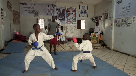 Dos-Niños-Africanos-Con-Guantes-De-Entrenamiento-Pelean-Dentro-De-Un-Dojo