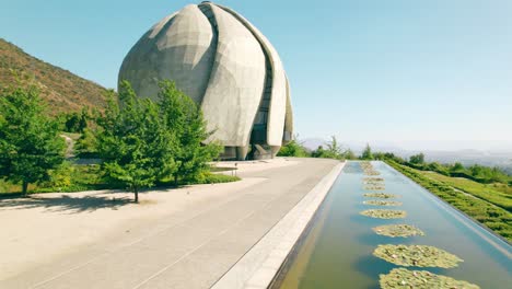 Entrance-To-Bahai-Temple-in-Santiago-Chile,-Circular-Architectural-Structure,-Petals-made-of-Cast-Glass,-Religious-House-of-Worship-for-Oneness-of-God,-Exterior-View