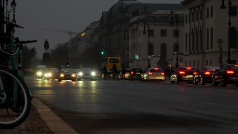 Night-street-traffic-of-Berlin-with-glowing-lights,-static-view