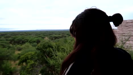 Mujer-Joven-En-Una-Terraza-Mirando-El-Horizonte-De-Los-árboles-En-El-Parque-Nacional-Tarangire