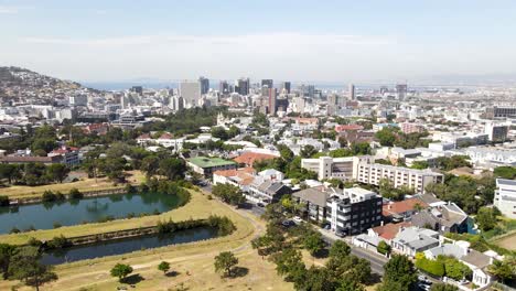 Aerial-shot-of-Cape-Town-city-center-and-tall-buildings-during-a-sunny-day