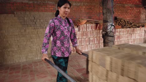 Mujeres-Con-Ladrillos-Y-Carro-Cargando-Un-Horno-Grande,-Provincia-De-Vinh-Long-En-El-Delta-Del-Mekong,-Vietnam