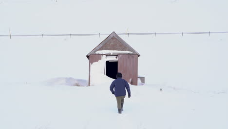 Stable-shot,-man-walking-through-snow-towards-snowy-cabin,-white-scenery