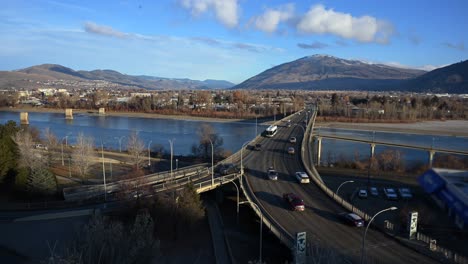 Timelapse-of-the-Overlanders-Bridge-in-Kamloops,-British-Columbia-on-a-Winter-Day-with-a-nice-view-of-the-North-Shore