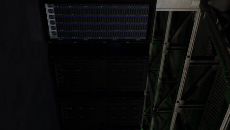 Datacenter-with-server-racks,-internet-and-network-telecommunication-technology,-big-data-storage,-vertical-3d-render