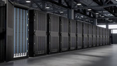 Server-Cluster-In-Einem-Riesigen-Lagerhaus,-Das-Für-Die-Datenspeicherung-Verwendet-Wird---Cloud-Computing