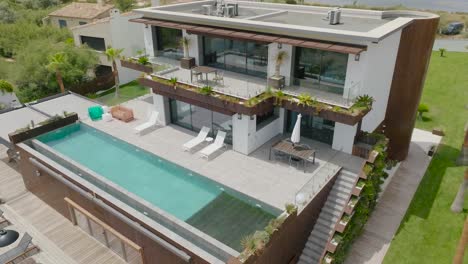 Aerial-view-of-a-big-modern-villa-in-a-wealthy-neighbourhood-in-Frontignan,-France