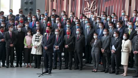 Newly-sworn-in-lawmakers-talk-to-the-media-and-pose-for-a-photo-after-the-oath-taking-ceremony-to-swear-alliance-to-Basic-Law-at-the-Legislative-Council-in-Hong-Kong