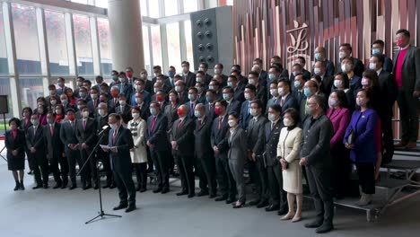 Newly-sworn-in-lawmakers-talk-to-the-media-and-pose-for-a-photo-after-the-oath-taking-ceremony-to-swear-alliance-to-Basic-Law-at-the-Legislative-Council-in-Hong-Kong