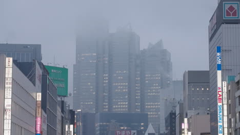 Edificios-Y-Establecimientos-De-Gran-Altura-En-La-Ciudad-De-Shinjuku-Oscurecidos-Por-La-Niebla-En-Tokio,-Japón