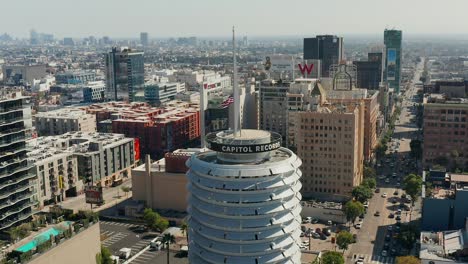 Aerial-view-of-the-Capital-Records-building-in-Hollywood,-California