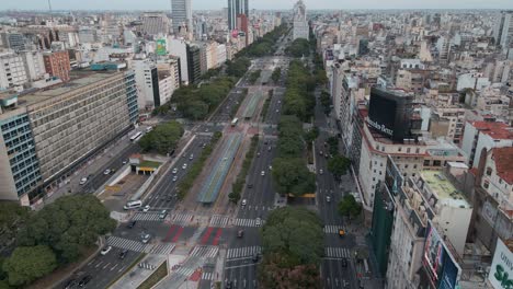 Aerial-establishing-shot-of-9-de-Julio-avenue-sited-in-Buenos-Aires-city