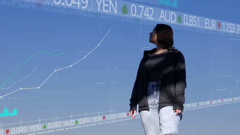 Casual-woman-look-behind-her-at-digitally-superimposed-stock-market-price-developments-using-graphs,-diagrams-and-numbers