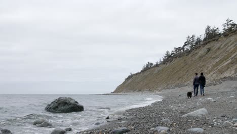 Couple-and-dog-walk-along-the-shore-at-Ebey's-Landing-on-Whidbey-Island