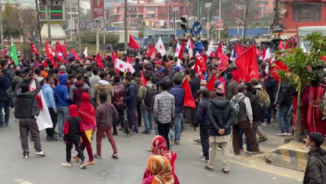 Kathmandu,-Nepal---February-10,-2021:-A-political-rally-by-the-communist-party-during-election-time-in-the-city-of-Kathmandu,-Nepal