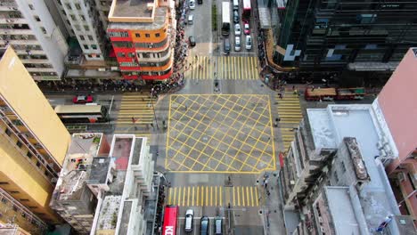 Downtown-Hong-Kong-buildings,-Crosswalk-and-traffic,-High-altitude-aerial-view