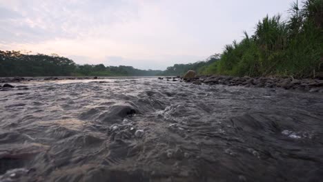 Low-angle-shot-on-flowing-Misahualli-River-surrounded-by-forest-and-trees-on-shore-in-Tena,-Ecuador
