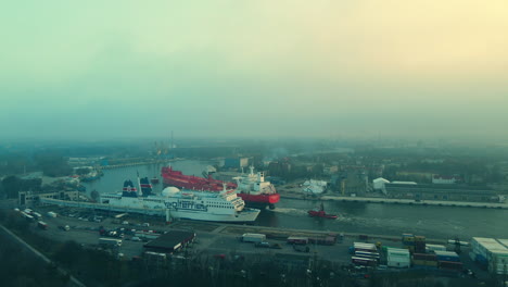 Ferry-Ship-Anchored-At-The-Terminal-In-Port-Of-Gdansk-Near-Westerplatte,-Poland