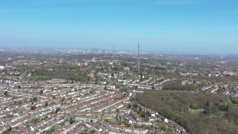 High-drone-shot-of-two-antenna-in-south-london-Crystal-palace-tower-radio