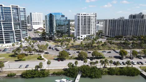 aerial-focus-on-downtown-Sarasota,-Florida