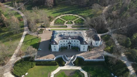 AERIAL:-Palanga-Amber-Museum-and-Park-Garden-on-a-Sunny-Day-in-Spring