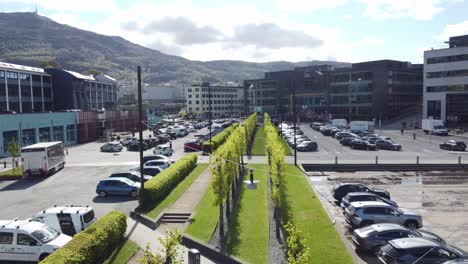 Flying-between-tight-lanes-of-trees-in-Marineholmen-solheimsviken---Revealing-business-and-industry-area