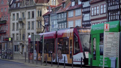 Electric-Tram-in-Erfurt-Old-Town-in-Front-of-Half-Timbered-Houses