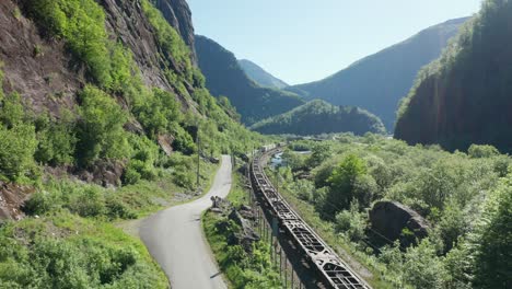 Cargo-train-is-passing-deep-down-in-green-lush-valley-Dalevaagen---Static-aerial-view-Norway-Bergensbanen-railway