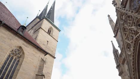 Close-Up-of-Erfurt-Cathedral-Facade-and-Pan-to-other-Famous-Church