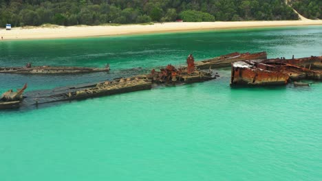 Shipwrecks-made-into-dive-site,-Clear-water,-beautiful-Queensalnd,-Australia-Moreton-Island,-Drone-footage
