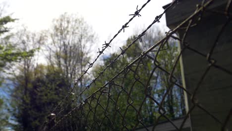 Dolly-shot-of-fence-with-wire-protection-for-military-area-in-nature