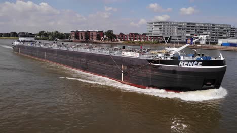 Aerial-View-Of-Renee-Inland-Tanker-Navigating-River-Noord