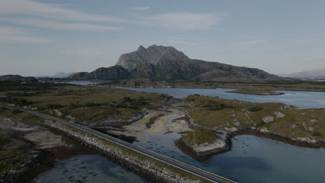 Scenic-View-Of-Mountain-Dønnamannen-From-Herøy-On-Helgeland-In-Norway---aerial-drone-shot