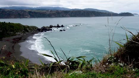Time-lapse-of-rugged-ocean-coastline-of-Wellington-harbour-entrance,-pencarrow-and-bays,-scenic,-wild-seas,-in-capital-Wellington,-New-Zealand