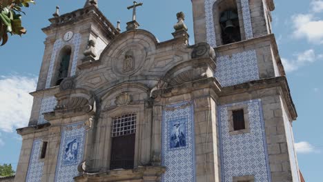 Facade-covered-with-azulejos-tiles-of-Sao-Pedro-church-in-Gouveia,-Portugal