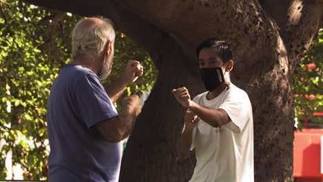 Men-practicing-martial-arts-in-park,-pandemic-period