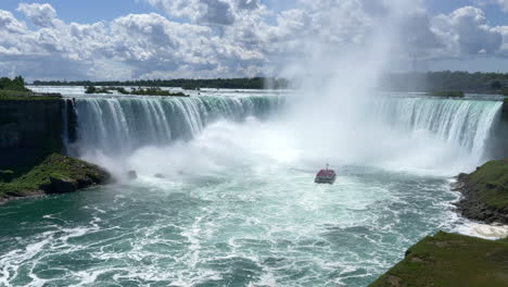 Tourist-Boat-Maid-of-the-Mist-in-Niagara-Falls-Basin,-sunny-day-STATIC