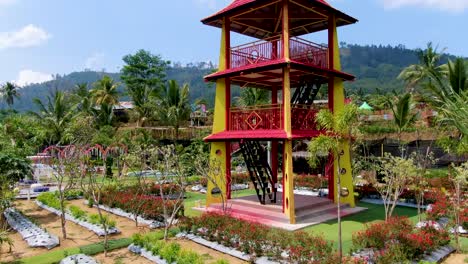Viewpoint-tower-in-flower-garden-Taman-Bunga-Pagoda,-Central-Java,-Indonesia