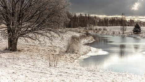 Lake-and-forest-in-tundra-and-taiga-ice-polar-environment,-timelapse-landscape