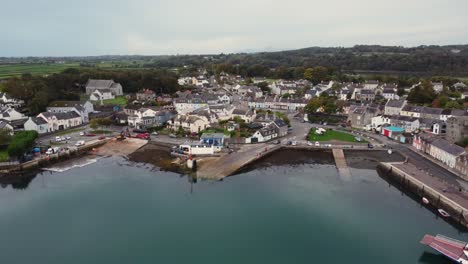 Aerial-view-of-the-village-of-Strangford-on-a-cloudy-day,-County-Down,-Northern-Ireland
