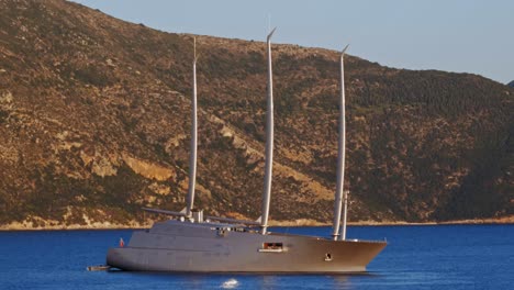 Scenic-Ocean-with-Sailing-Yacht-A-in-Kefalonia,-Greece---aerial,-static-shot