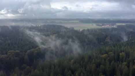 Aufsteigender-Nebel-über-Einem-Wald-Mit-Einem-Idyllisch-Gelegenen-Bauernhaus-Im-Hintergrund-Der-Ländlichen-Landschaft