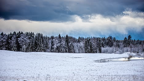cloudy-heavy-weather-over-boreal-forest,-winter-frozen-scenery,-christmas-season,-Timelapse