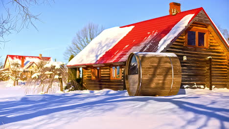 Traditionelle-Fasssauna-Außerhalb-Der-Holzhütte-An-Einem-Sonnigen-Wintertag