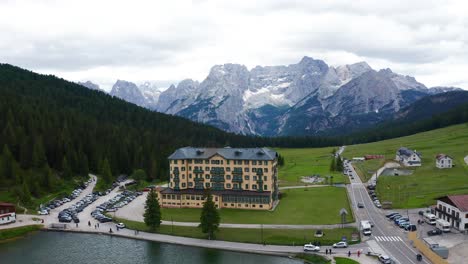 Aerial-View-Of-Istituto-Pio-Xii-Rehabilitation-Centre-Beside-Lake-Misurina