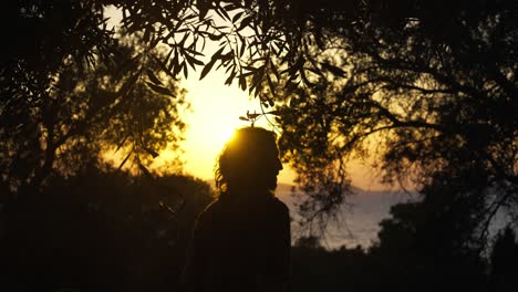 Zeitlupen-Silhouettenaufnahme-Eines-Mannes,-Der-Unter-Bäumen-Mit-Einem-Lebendigen-Sonnenuntergang-Auf-Korfu-Spazieren-Geht