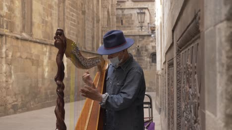 Hombre-Tocando-En-La-Calle-En-Barcelona-Y-Tocando-El-Arpa