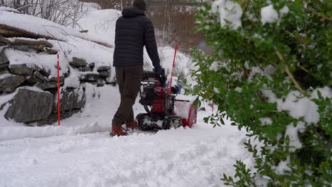 Man-coming-into-frame-using-snowblower-and-disapearing-behind-green-bush-in-his-yard---Efficient-Honda-snowblower-machine-helpful-in-winter-season-Norway