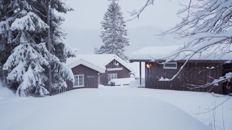 Cabins-In-Forest-Woods-Covered-In-Snow-During-Winter-In-Indre-Fosen,-Norway---wide