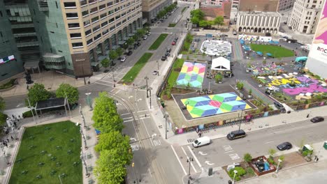 The-Monroe-Street-Midway-in-Detroit-MIchigan,-near-Campus-Martius-Park,-drone-view